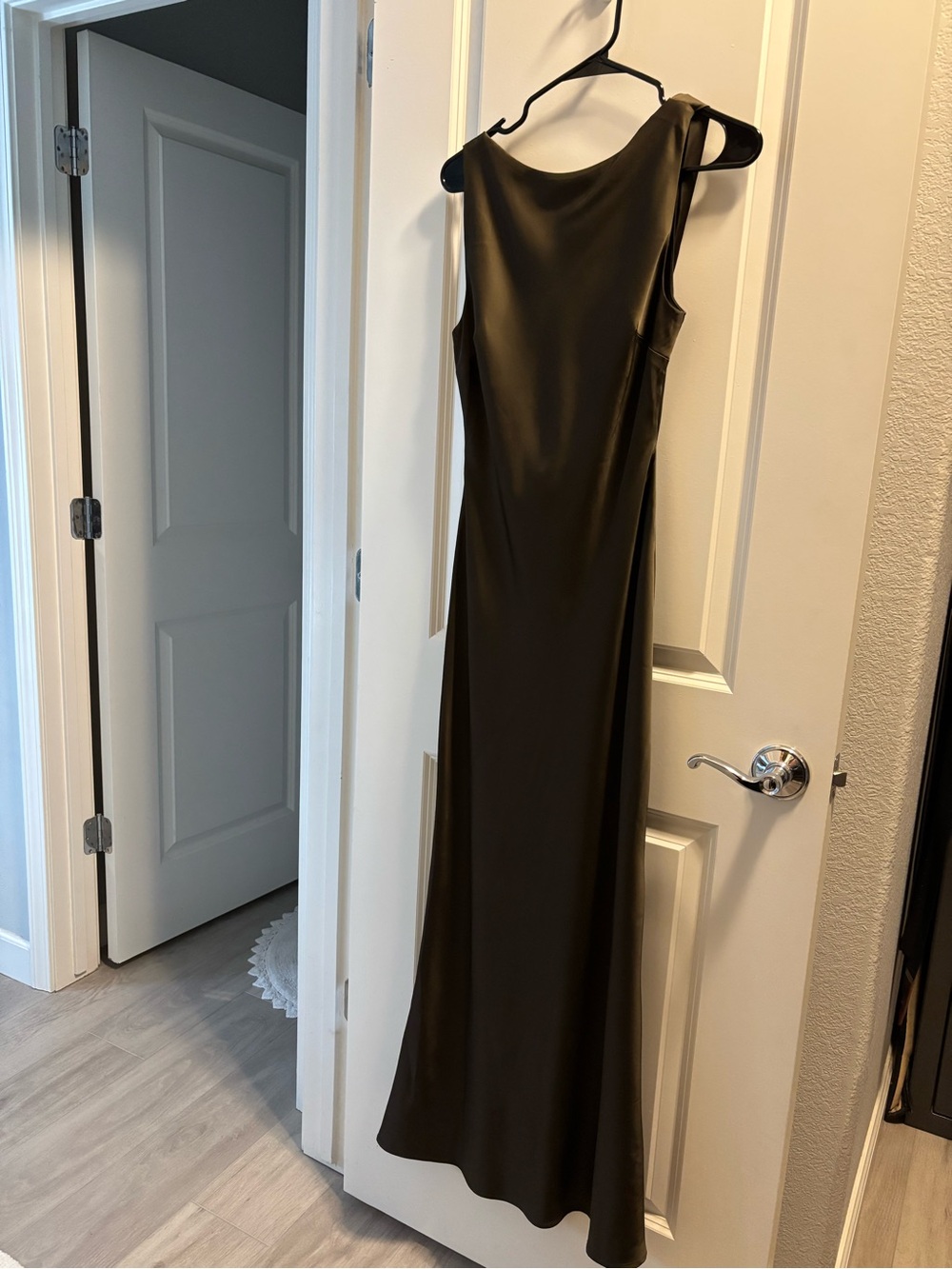 Dynamite Sleek Olive Green Satin Evening Dress boatneck cowl back moss